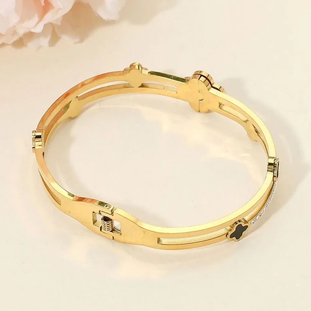 White Gold Metal Split Mother Of Pearl CZ Quatrefoil Clover Bracelet Bangle